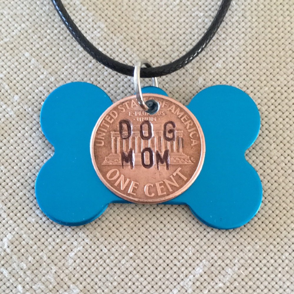 DOG MOM Necklace Turquoise Blue Color Hand Stamped Penny